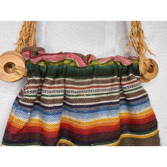 Vtg Style Boho Shoulder Bag Striped Multicolored Fringed Wood Accent Jute Straps - Picture 2 of 12